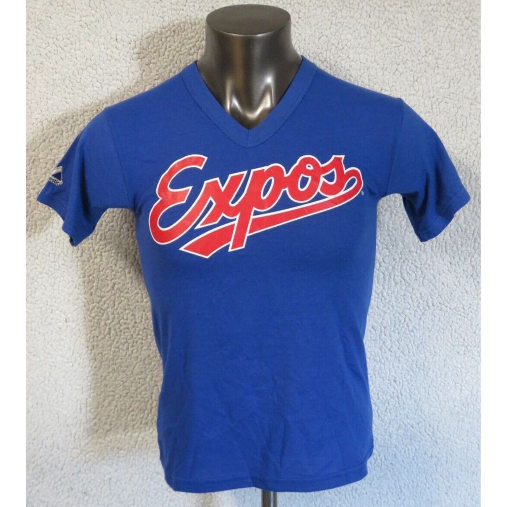 Vintage Montreal Expos Majestic Shirt Blue Size L -fits small USA Made 50/50 y2k